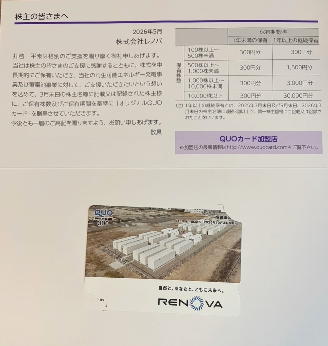 レノバの株主優待で実際に届いた300円分のオリジナルQUOカードと株主優待案内の写真
