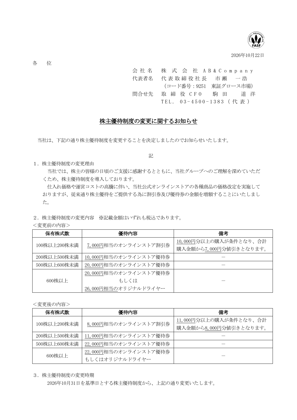 AB＆Company（9251）株主優待変更のTDnet開示資料 1ページ目