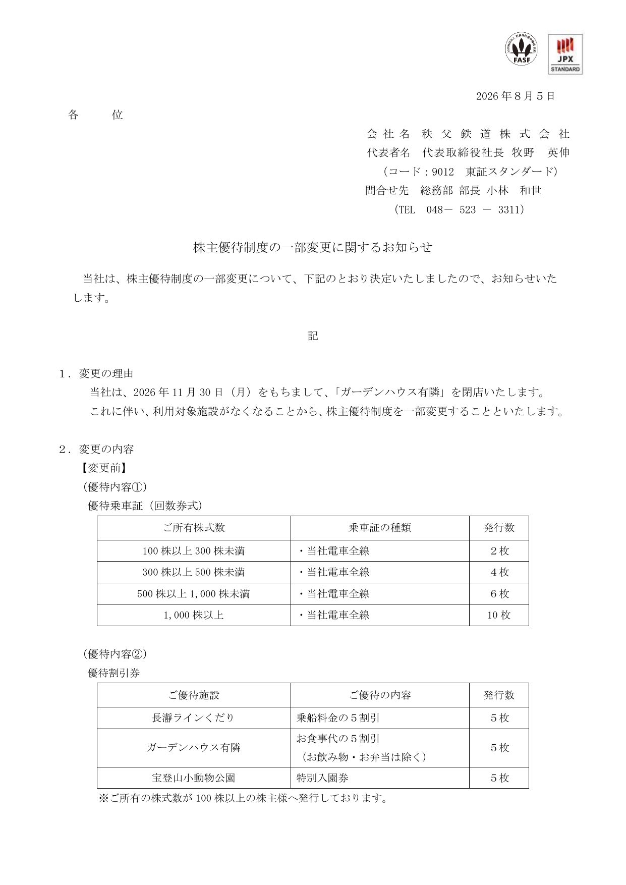 秩父鉄道（9012）株主優待制度変更のTDnet開示資料 1ページ目