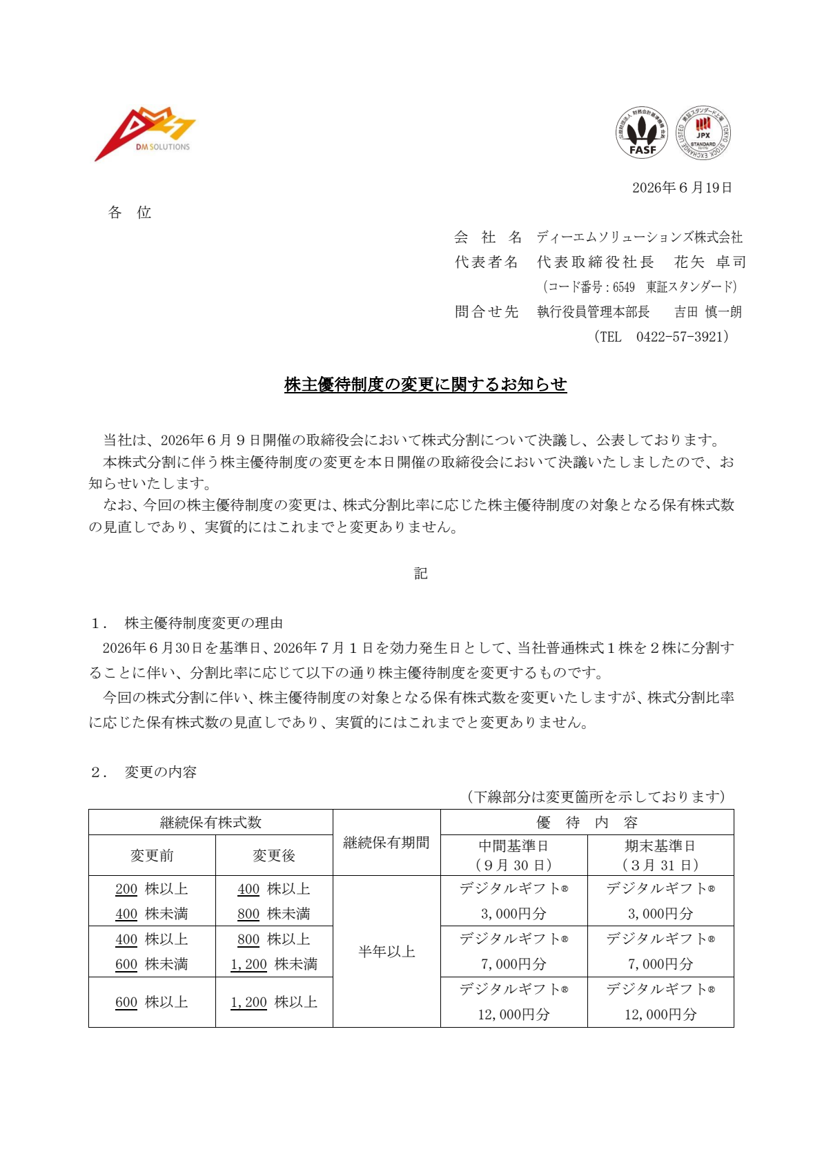 ディーエムソリューションズ（6549）株主優待制度変更のTDnet開示資料 1ページ目