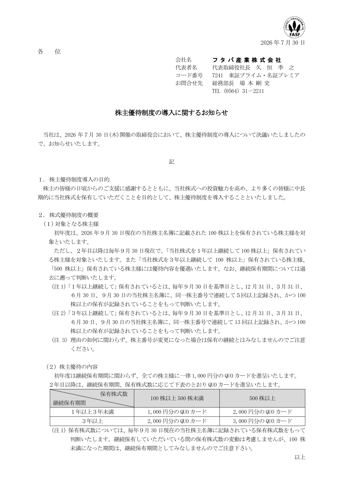 フタバ産業(7241)株主優待制度導入のTDnet開示資料 1ページ目