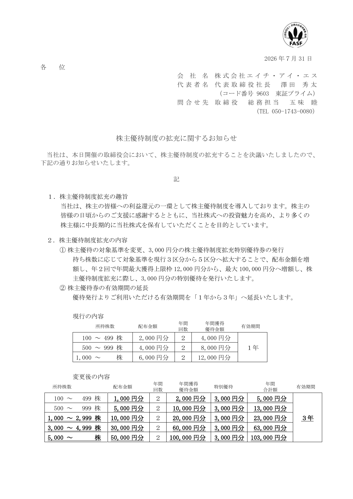エイチ・アイ・エス（9603）株主優待制度拡充のTDnet開示資料 1ページ目