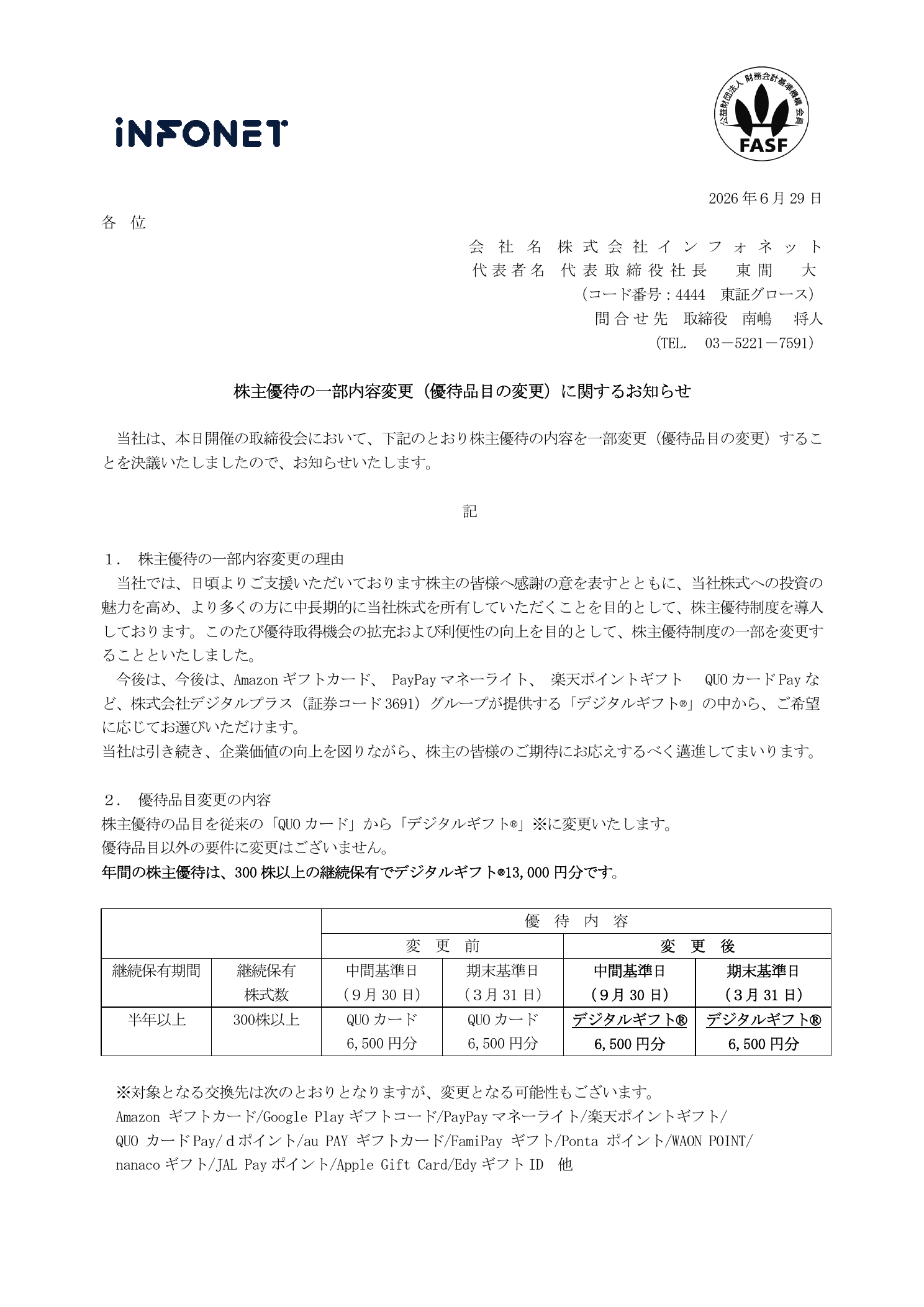 インフォネット(4444)株主優待品目変更のTDnet開示資料 1ページ目