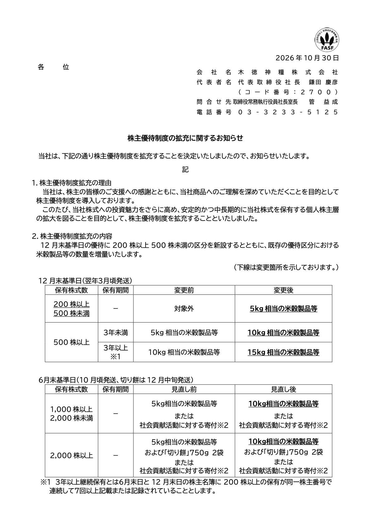 木徳神糧（2700）の株主優待拡充に関するTDnet開示資料1ページ目