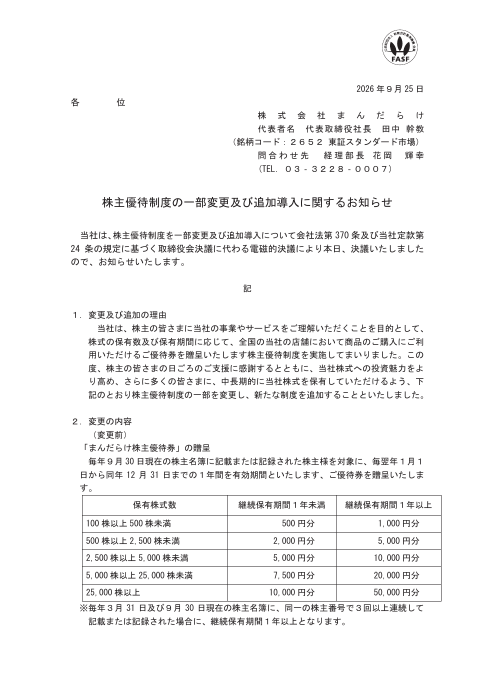 まんだらけ(2652)優待拡充のTDnet開示資料 1ページ目