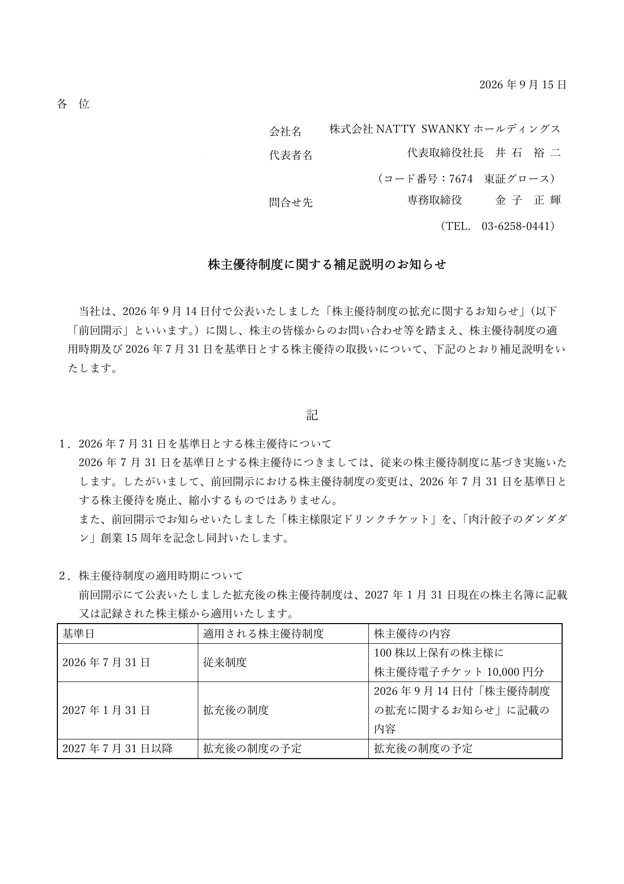 NATTY SWANKYホールディングス(7674)株主優待補足説明のTDnet開示資料 1ページ目