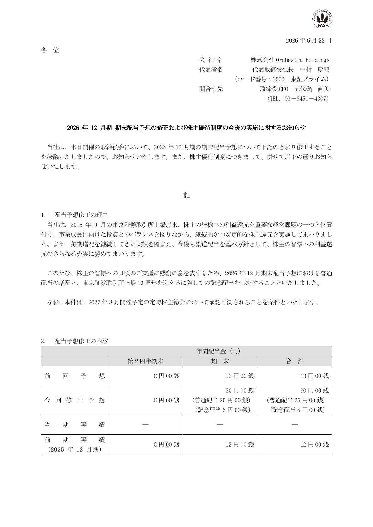 Orchestra Holdings（6533）株主優待制度実施のTDnet開示資料 1ページ目
