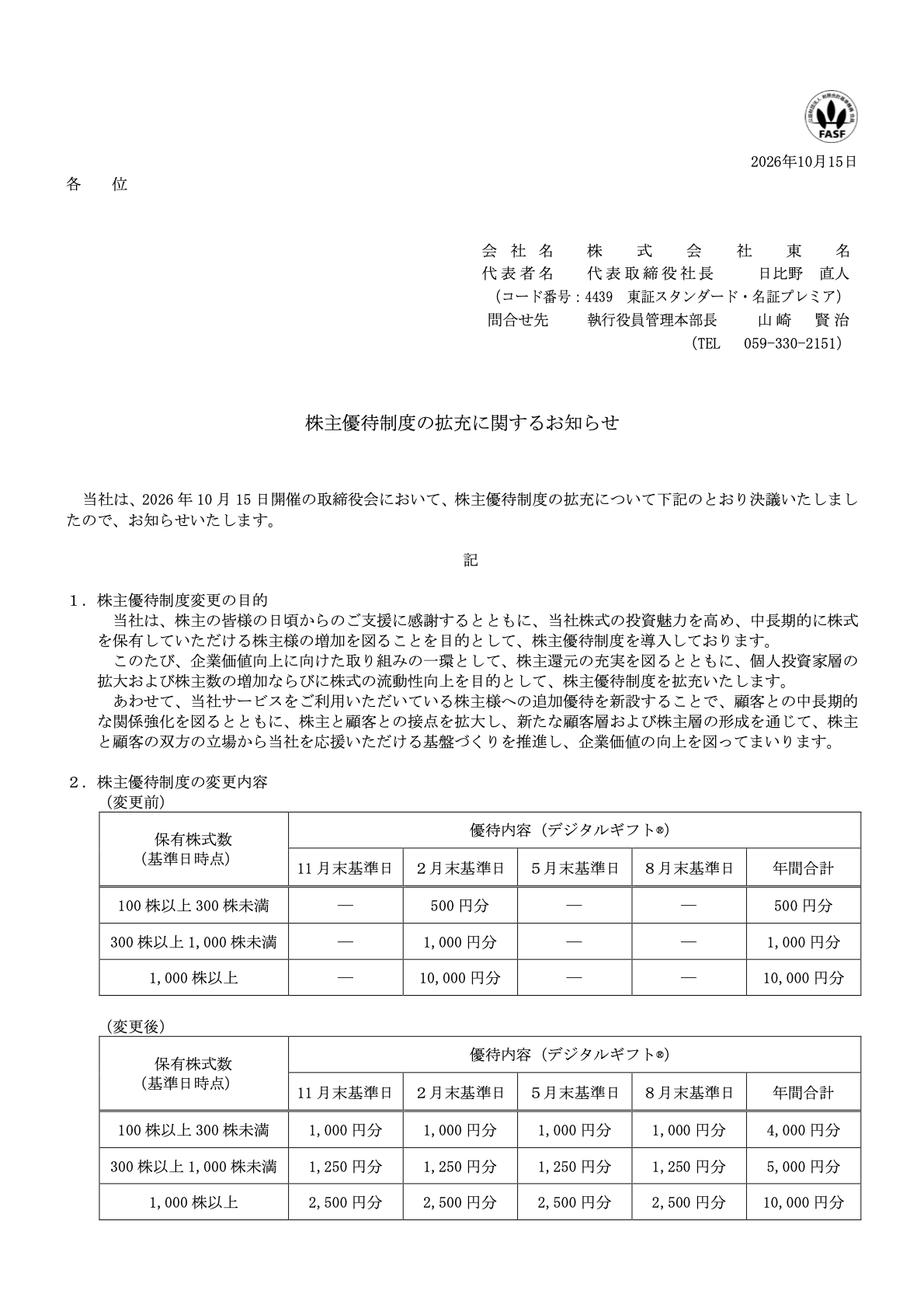 東名(4439)株主優待拡充のTDnet開示資料 1ページ目
