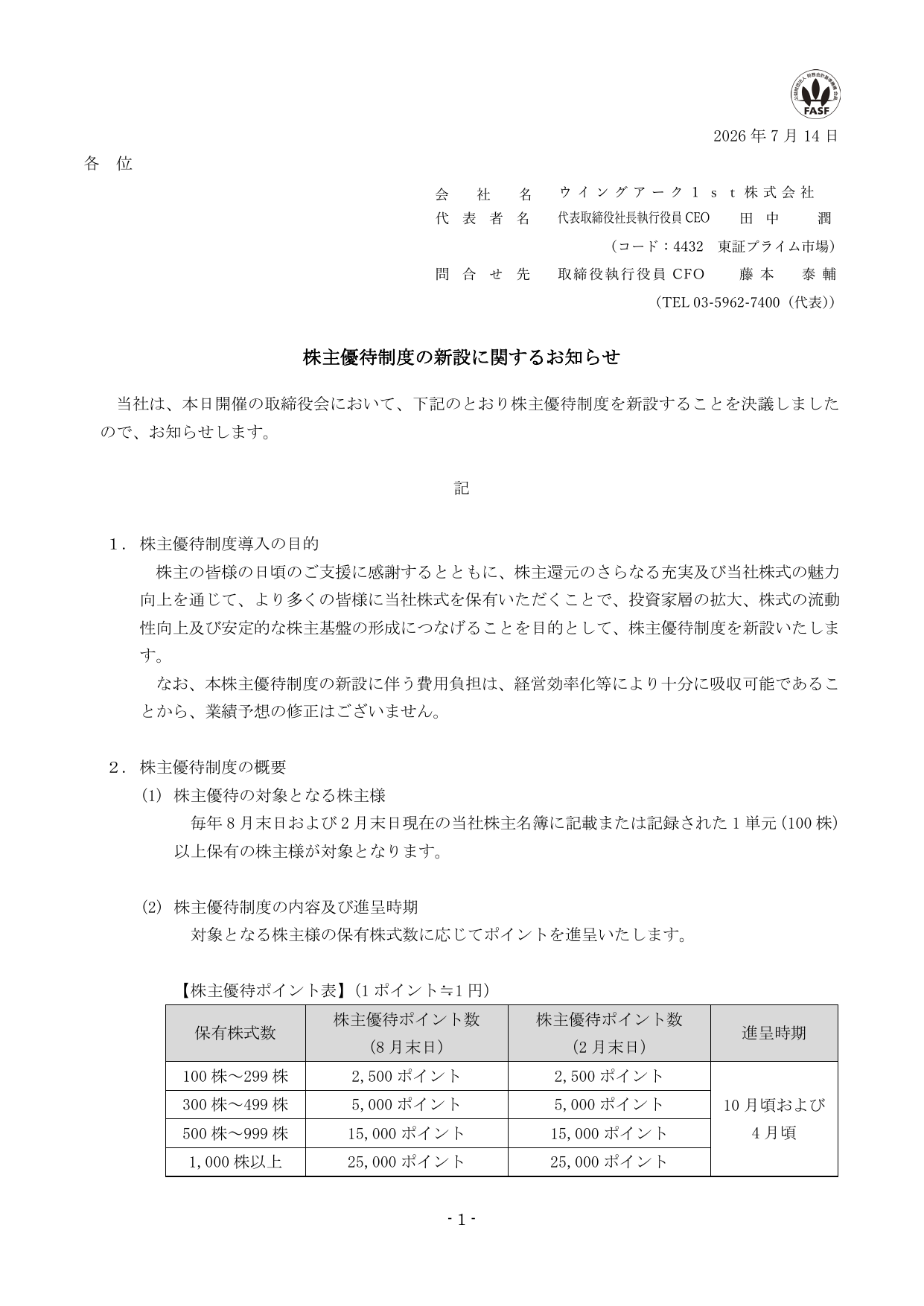 ウイングアーク1st（4432）株主優待制度新設のTDnet開示資料 1ページ目